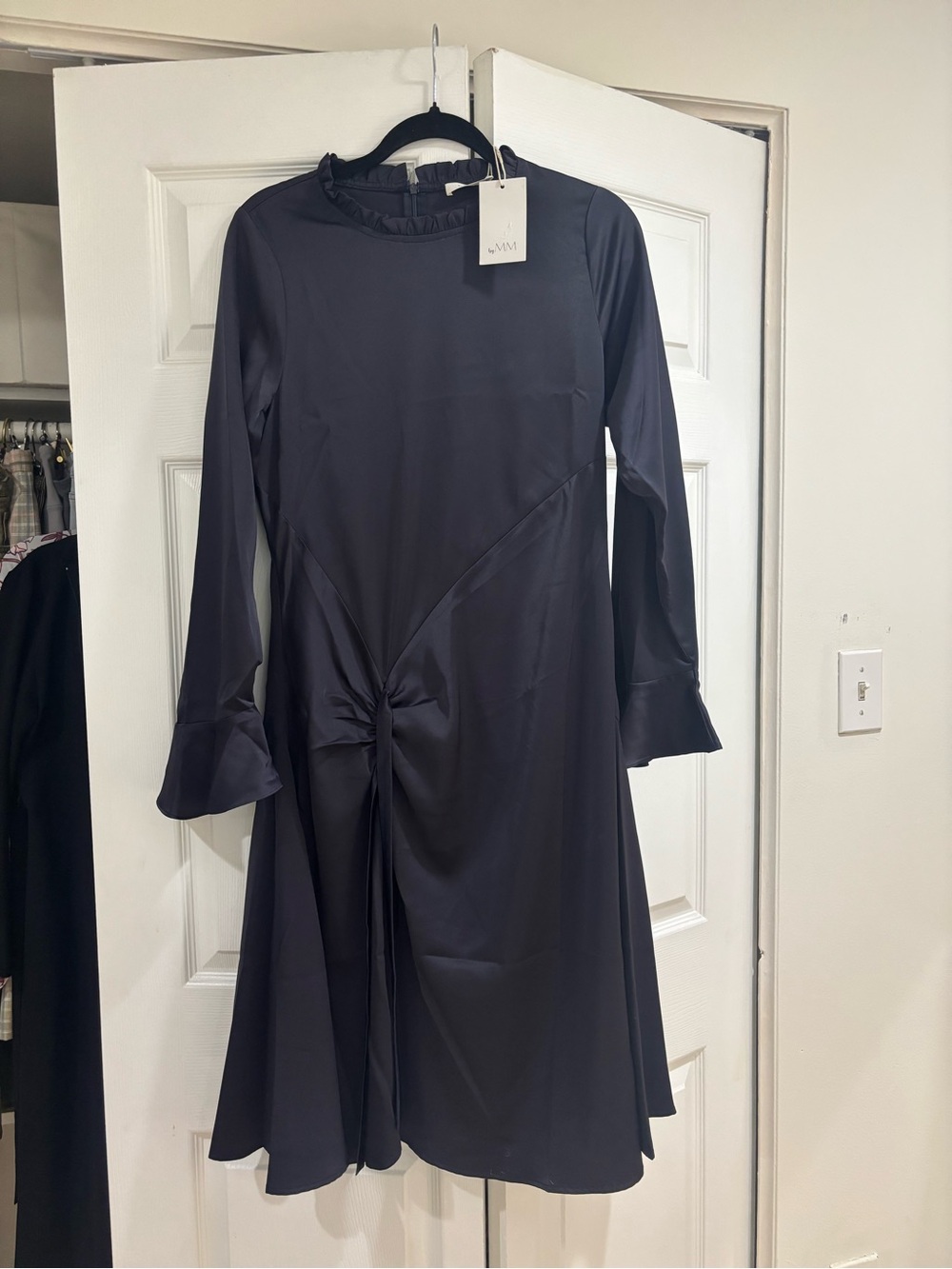 Navy satin front knot long sleeve midi dress